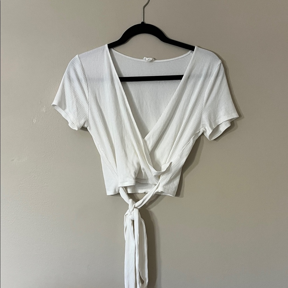 Garage White Ribbed Wrap Blouse